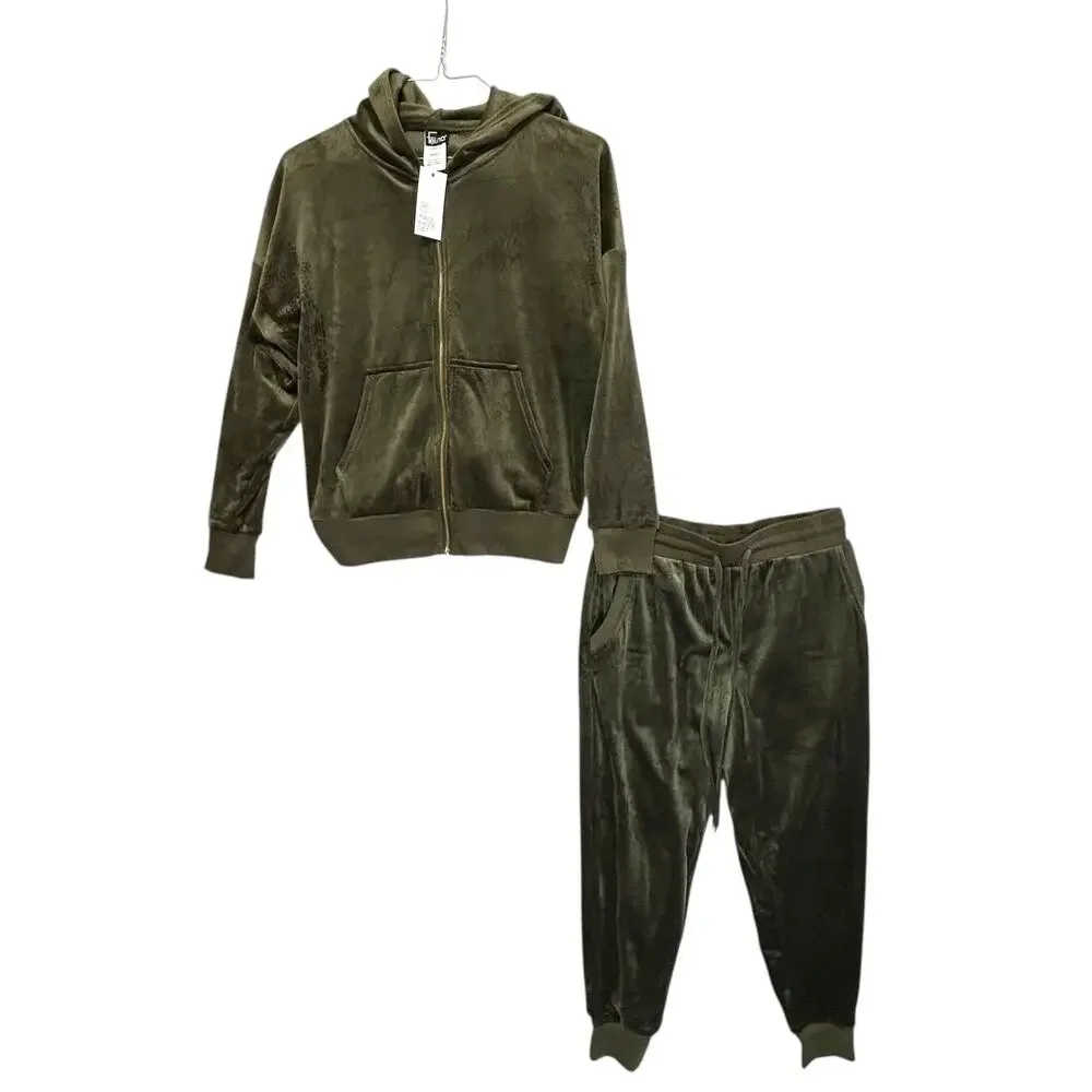 Felina Luxe Velour Zip Hoodie and Jogger Set NWT Womens Sz M Deep Olive Casual
